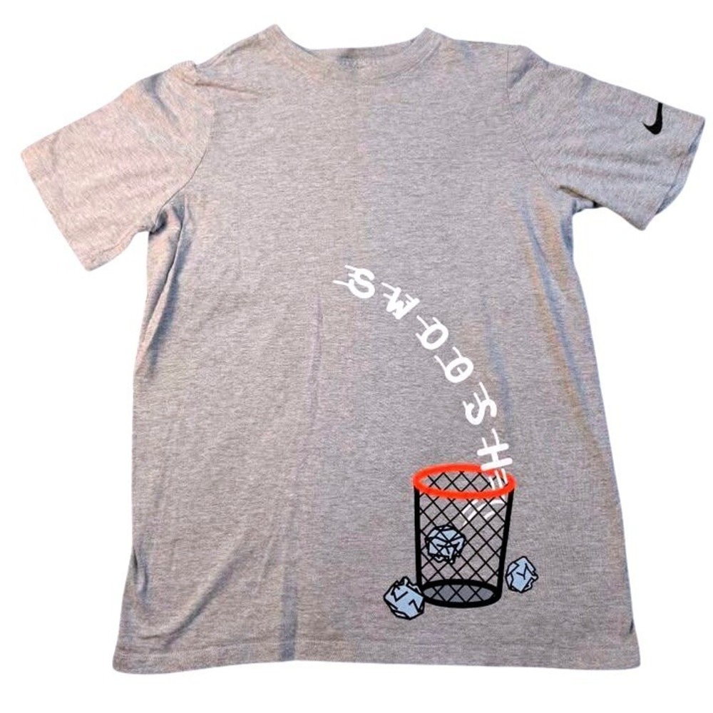 Nike Graphic Tee Boys Size Large Gray Trash Can Swoosh Swish Athletic Fit Shirt